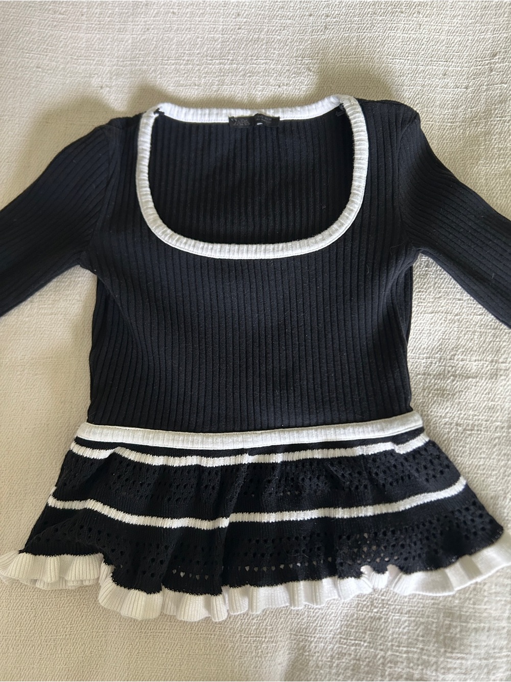 Zara Black & White Ribbed Peplum Knit Top